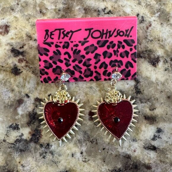 EARRINGS! Betsey Johnson Red and Gold Rose and Heart Spike Earrings BNWT - Picture 2 of 5